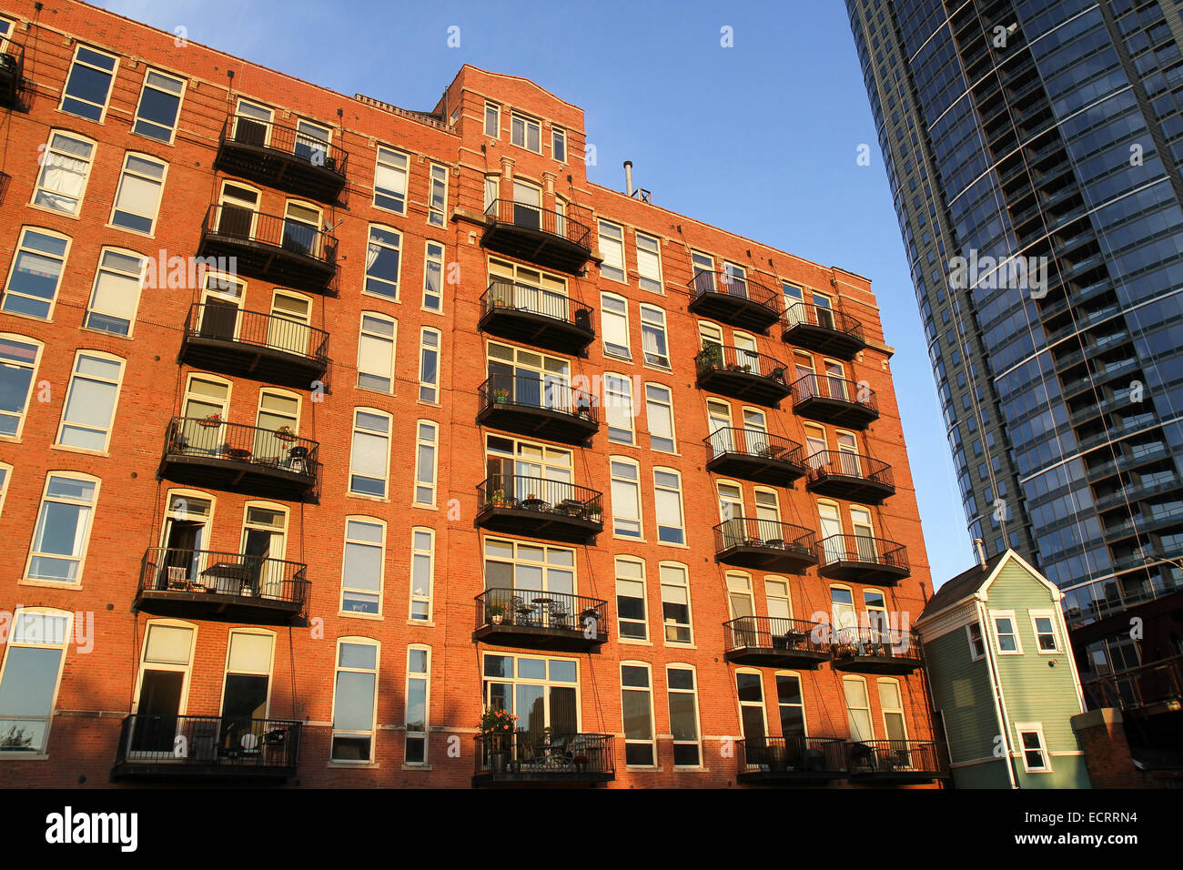 A brick apartment building along the Chicago River, Chicago, Illinois