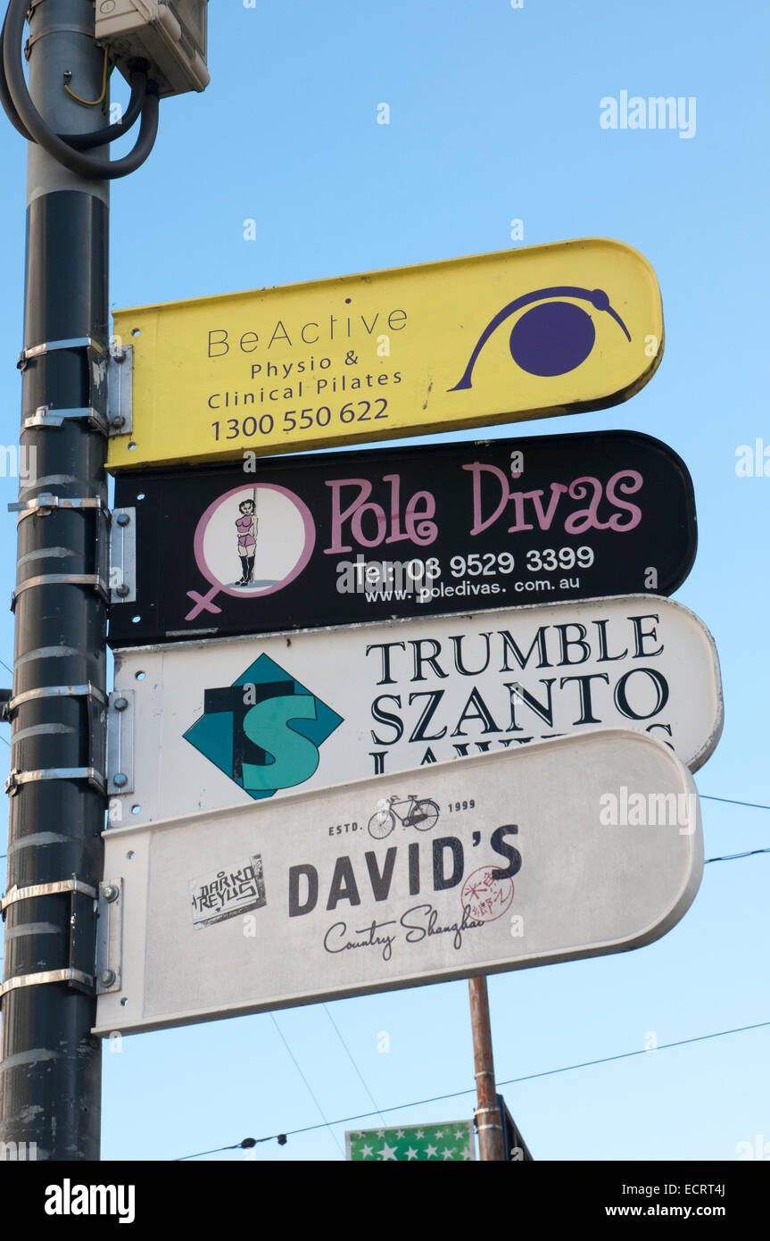 Alternative and lifestyle business signs in Chapel Street, Prahran, Melbourne Stock Photo