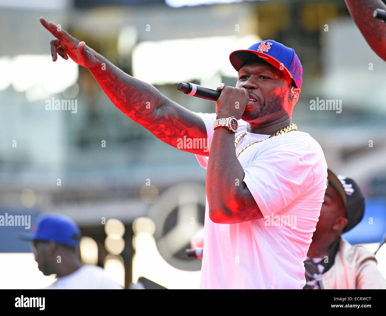 50 Cent performs live during a post-game concert at Citi Field on Saturday (14Jun14) following the New York Mets 0-5 loss against the San Diego Padres. This was a return to Citi Field for the rapper, who threw out what many are calling the worst first pit Stock Photo