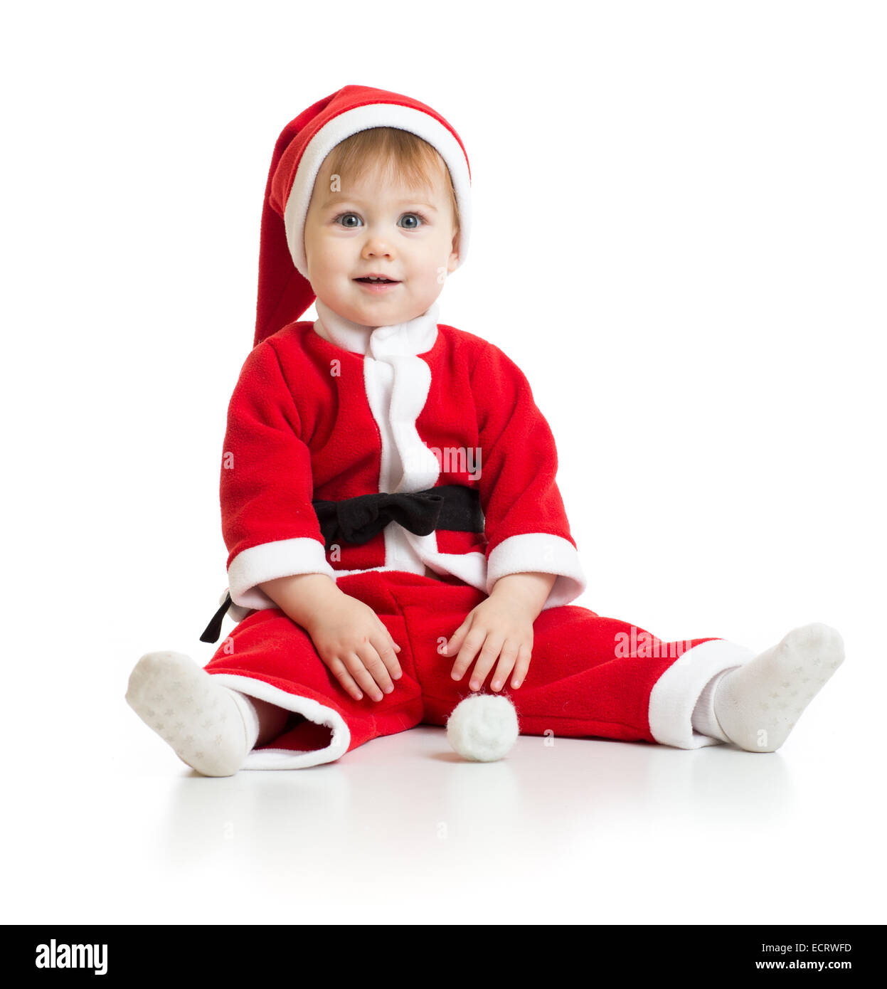 Adorable Christmas baby in Santa's clothes isolated on white Stock Photo
