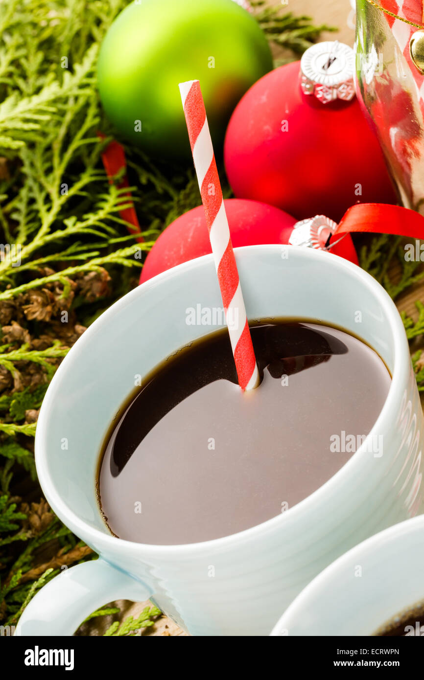 Cups with hot chocolate on wood table. Stock Photo