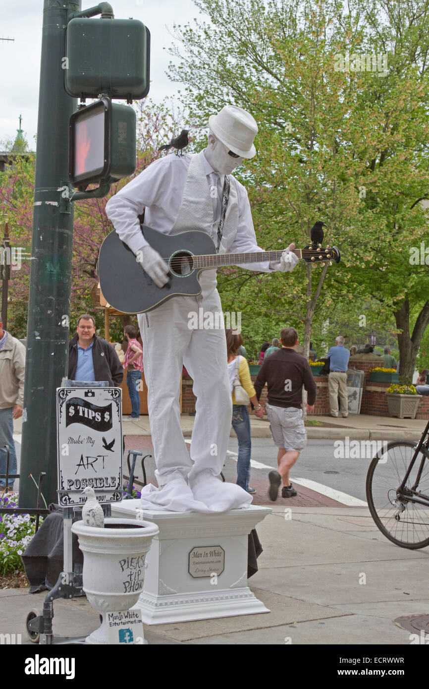 Man in White, a living statue dressed all in white with crows perched on him plays guitar for tips in Asheville, NC Stock Photo