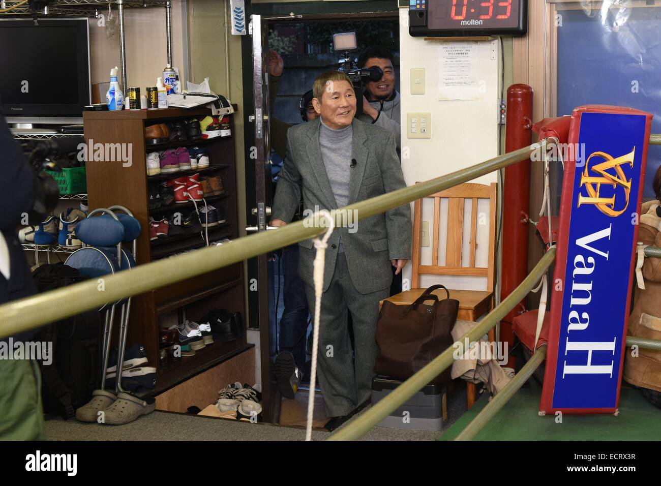 Tokyo, Japan. 18th Dec, 2014. Beat Takeshi (Takeshi Kitano) Boxing : Beat Takeshi visits Hisashi Amagasa (not pictured) of Japan at Yamagami Boxing Sports Gym in Tokyo, Japan . © Hiroaki Yamaguchi/AFLO/Alamy Live News Stock Photo