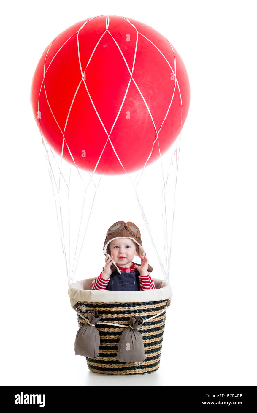 child boy on hot air balloon isolated on white Stock Photo