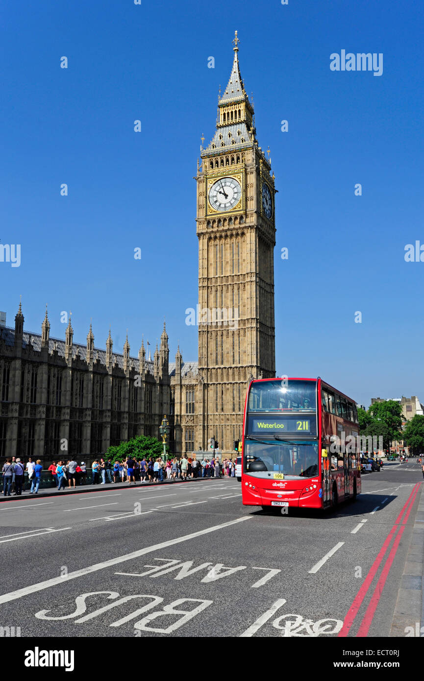 UK  London  Palace of Westminster  red bus in front of Big Ben Stock Photo