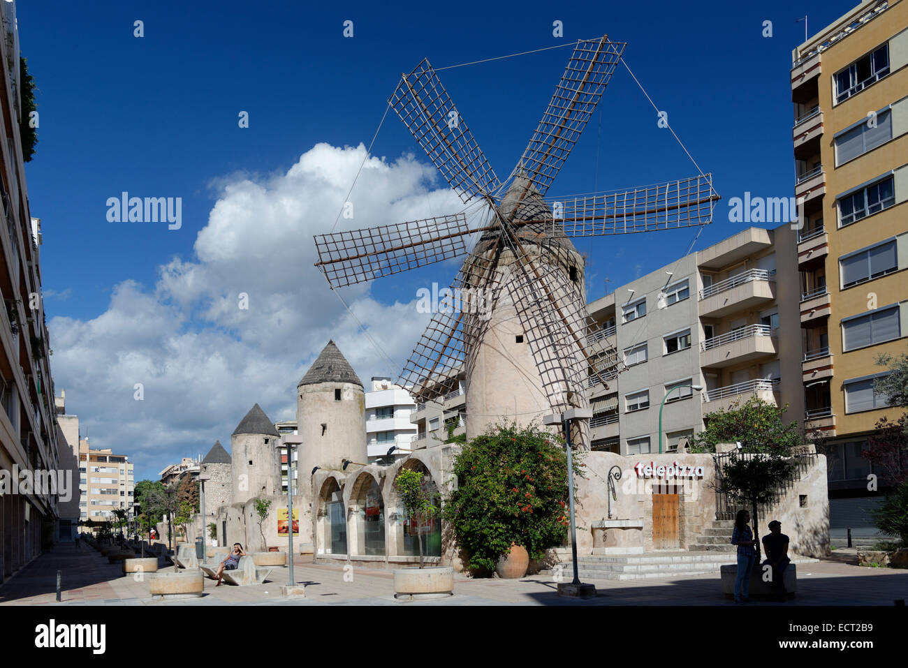 Windmills, Carrer Industria, Pueblo Español, Palma de Majorca, Majorca, Balearic Islands, Spain Stock Photo
