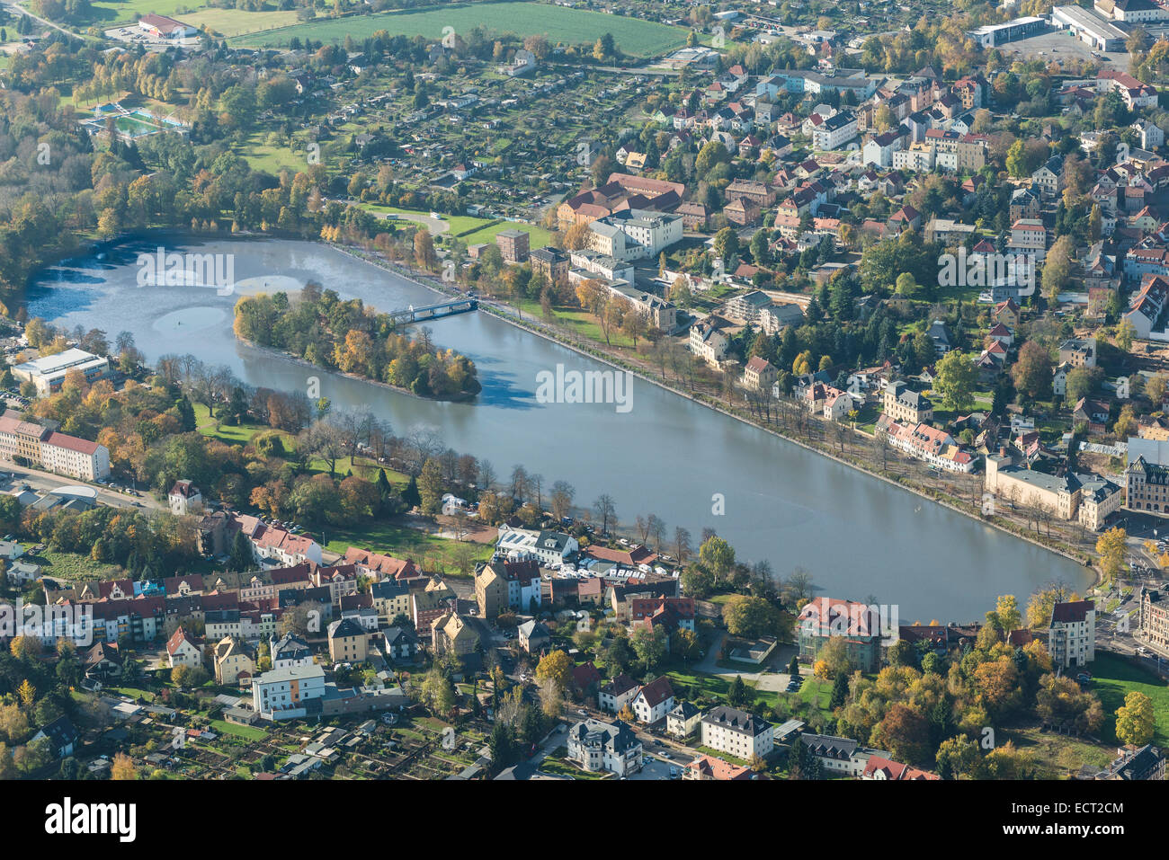 Aerial view, Großer Teich lake with an island zoo, Altenburg, Thuringia
