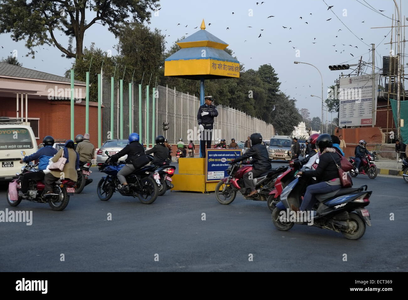 Police directing traffic in the city of Kathmandu in Nepal Stock Photo