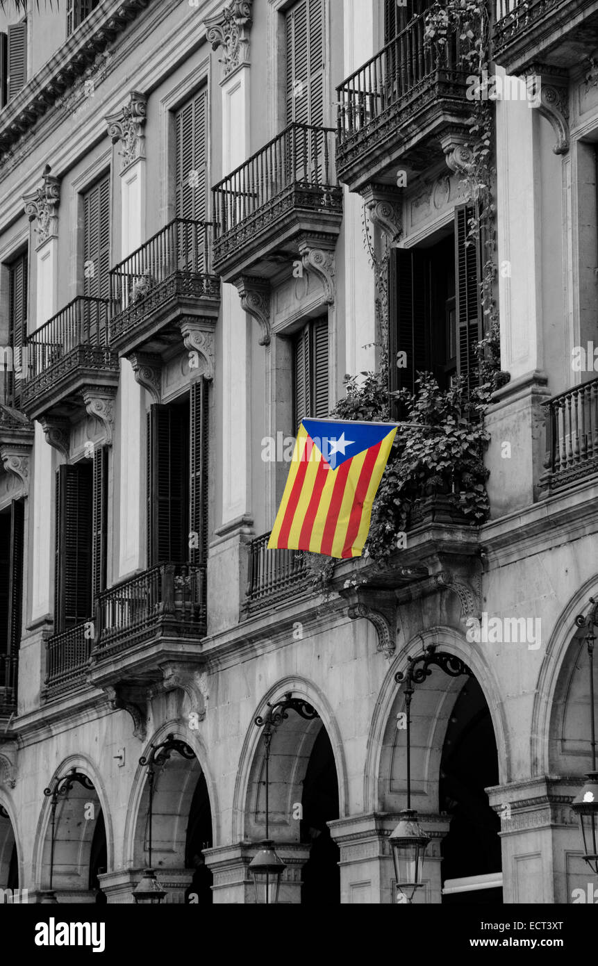 'L'Estelada Blava' (The Blue Starred Flag), the blue version of the pro-independence flag of Catalonia. Bvarcelona, Spain Stock Photo