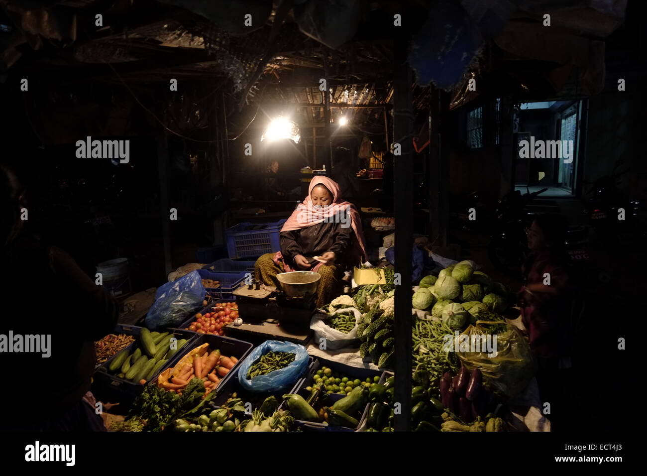 A vegetable vendor in Thamel district in downtown Kathmandu Nepal Stock Photo