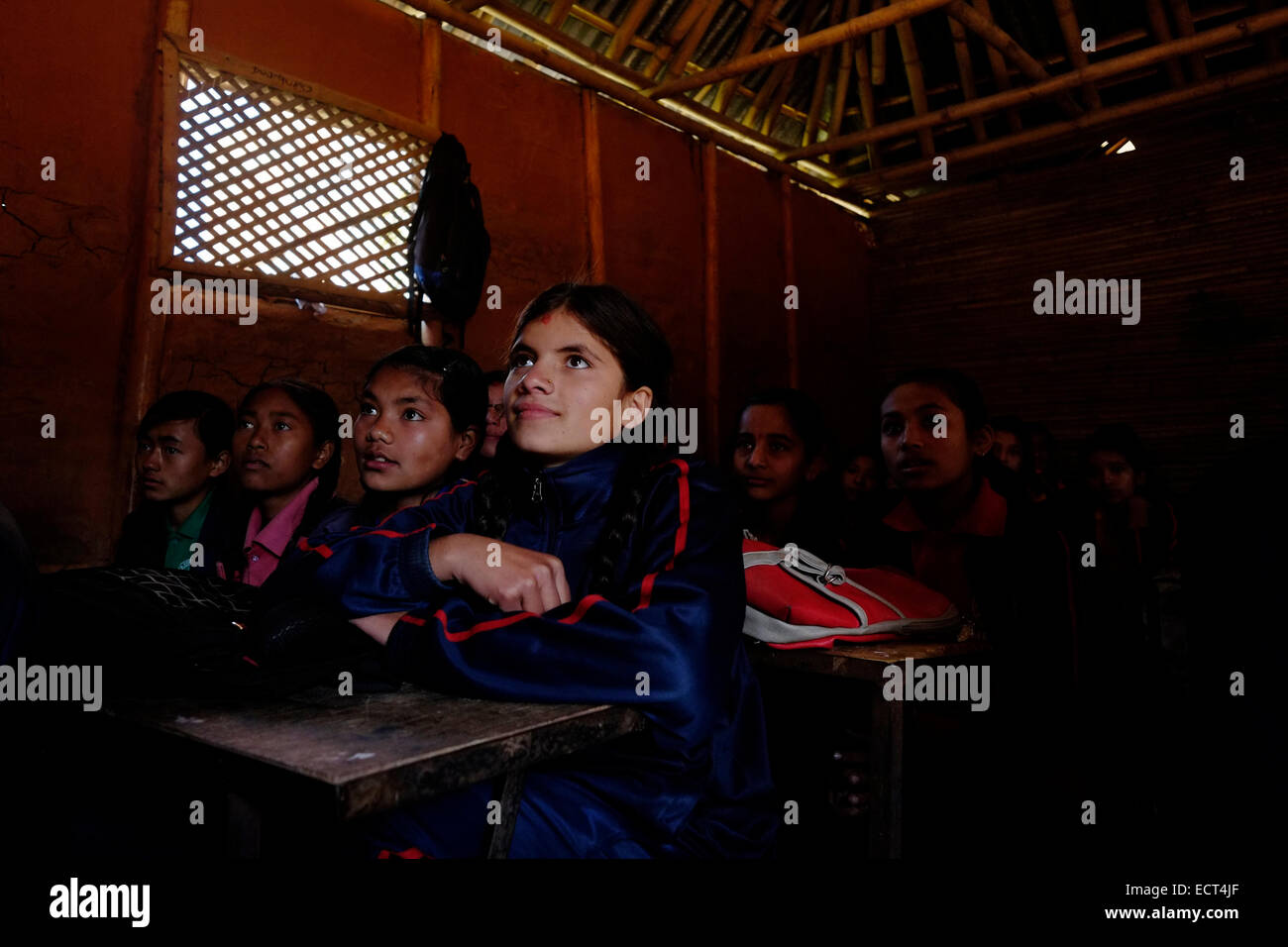 Schoolchildren in a classrom at Samata Shiksha Niketan elementary school which cost just 100 Nepali Rupees ($1.35) per student each month in the city of Bhaktapur Also known as Khwopa in Nepal Stock Photo