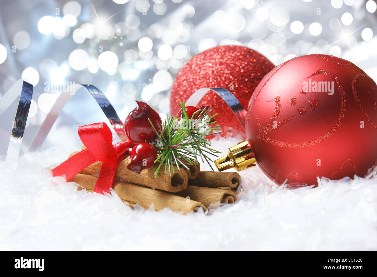 Christmas background wih baubles and cinammon Stock Photo