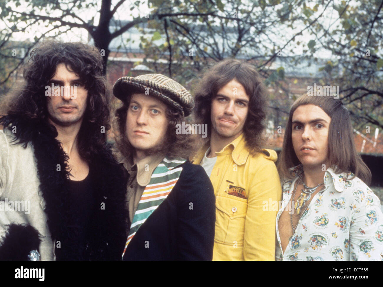 SLADE UK pop group about 1975 from left: Don Powell, Noddy Holder, Jim Lea, Dave Hill. Photo Tony Gale Stock Photo
