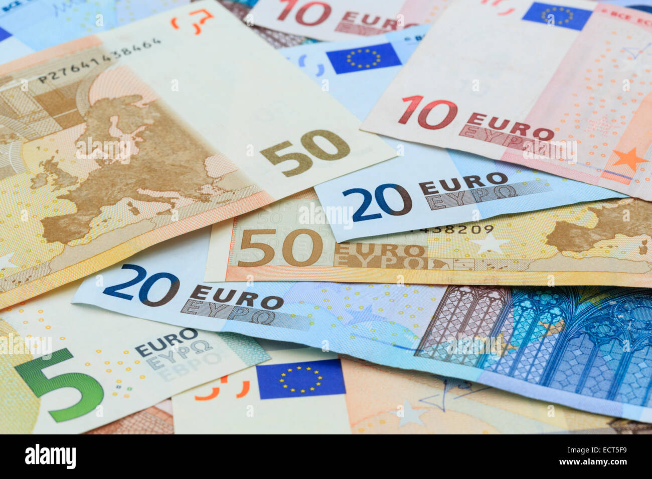 Euros in different denominations of Euro notes from the European Union Eurozone currency in close-up as a background. Europe EU Stock Photo