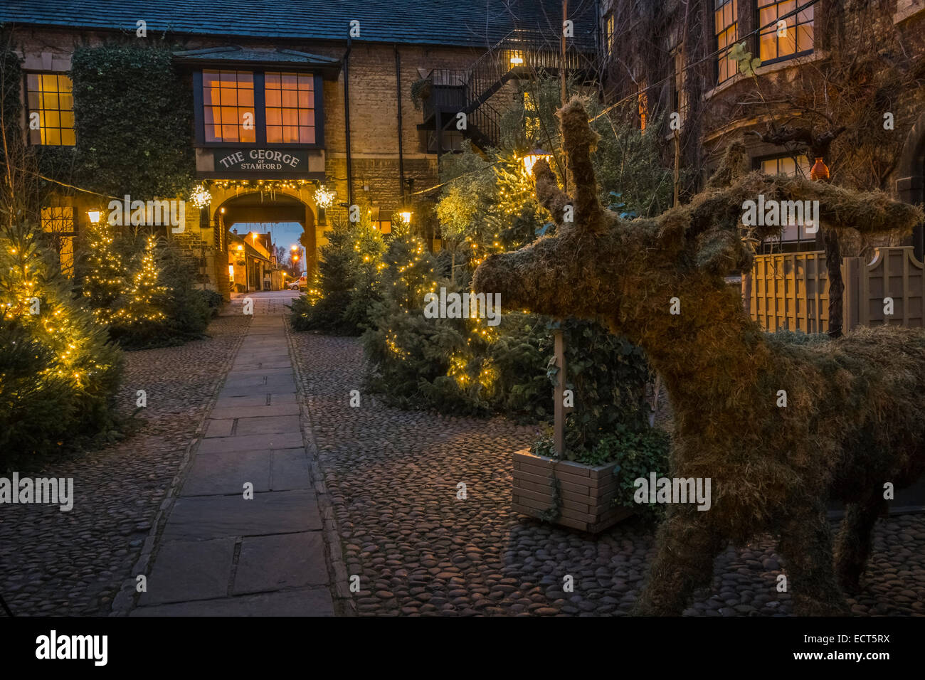 Christmas decorations, The George Hotel and Restaurant, Stamford, Lincolnshire Stock Photo