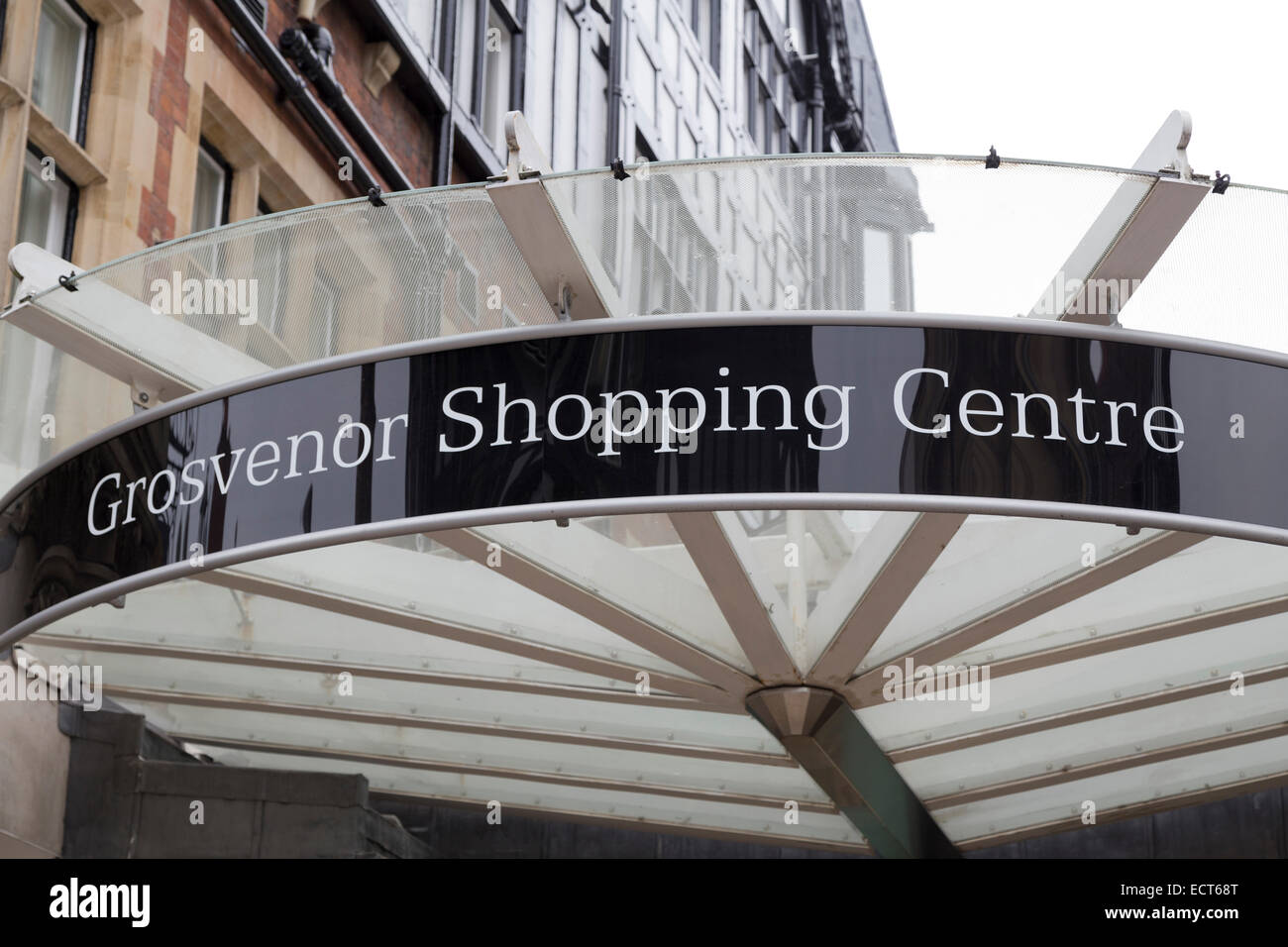 UK, Chester, entrance signage to the Grosvenor Shopping Centre Stock