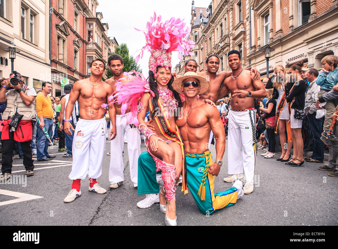 COBURG, GERMANY - JULY 15: The unidentified male capoeira dancers participates at the annual samba festival in Coburg, Germany o Stock Photo