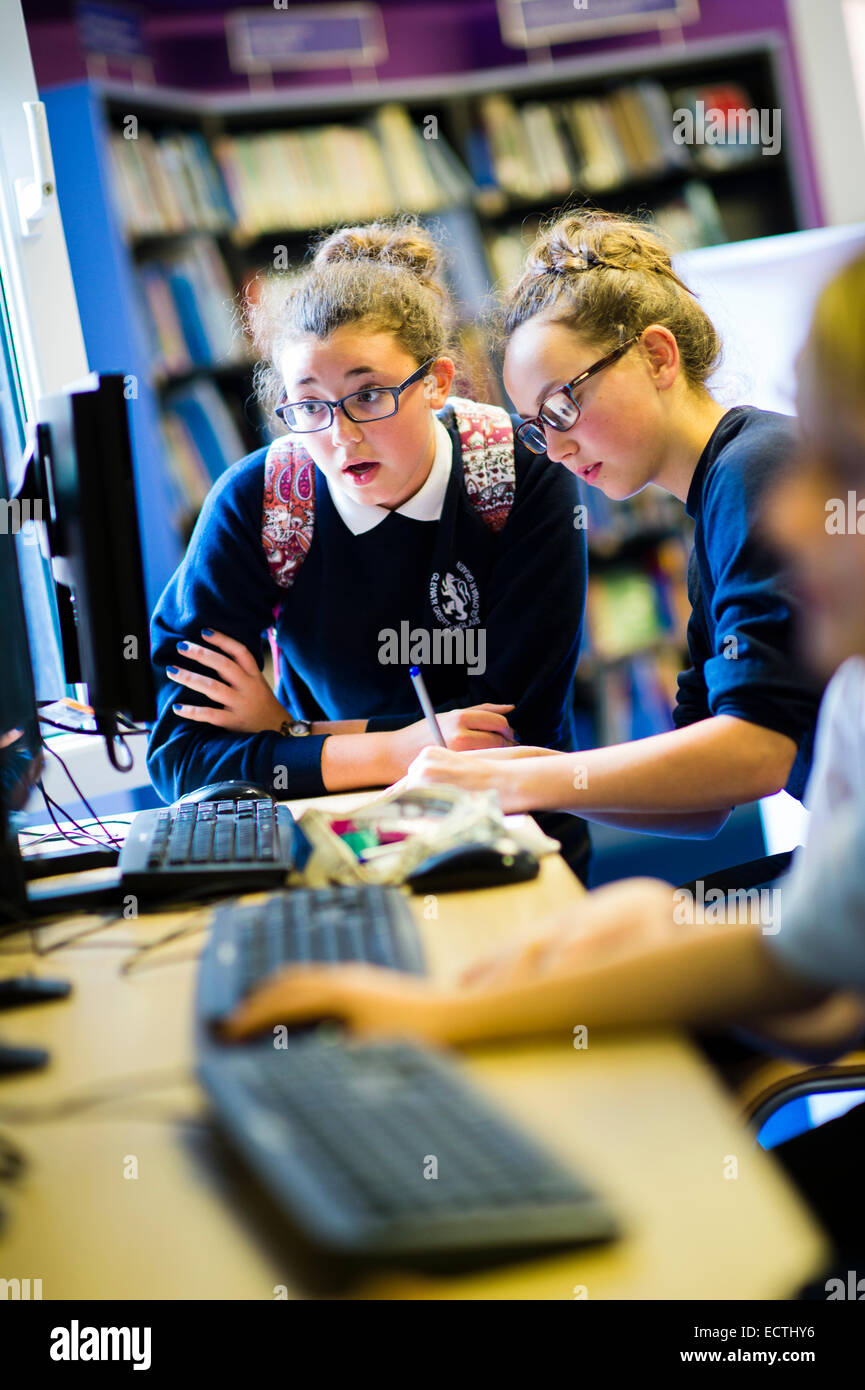 Secondary school education Wales UK: Two teenage girls reading and ...