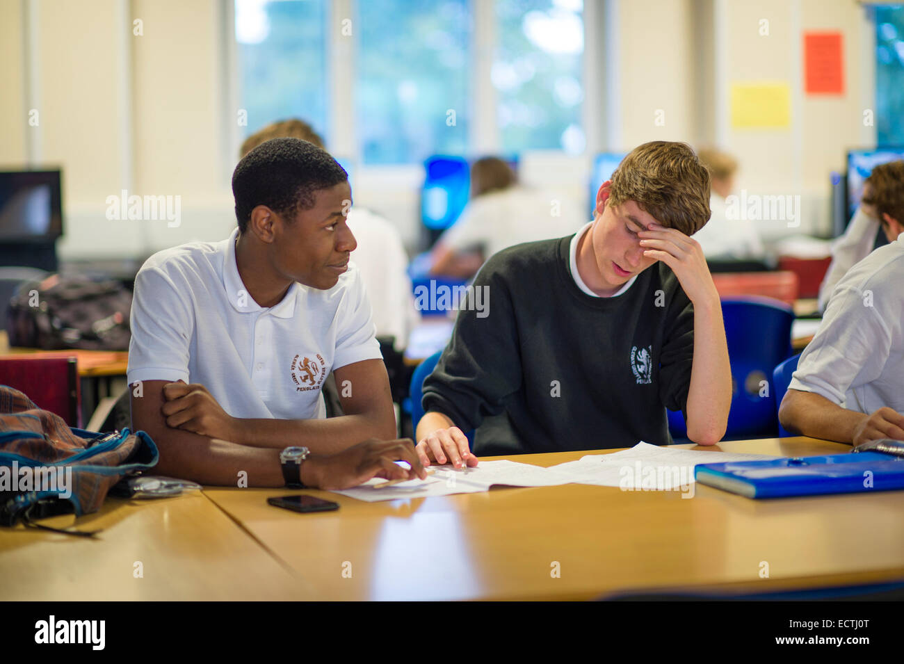 Secondary school education Wales UK: a level 6th form Year 13 students working in their common room in between classes Stock Photo