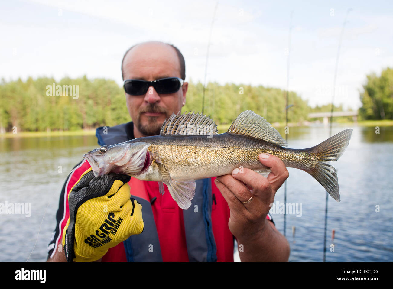 fisherman, motorboat for fishing, rautavesi lake, vammala village area, finland, europe Stock Photo