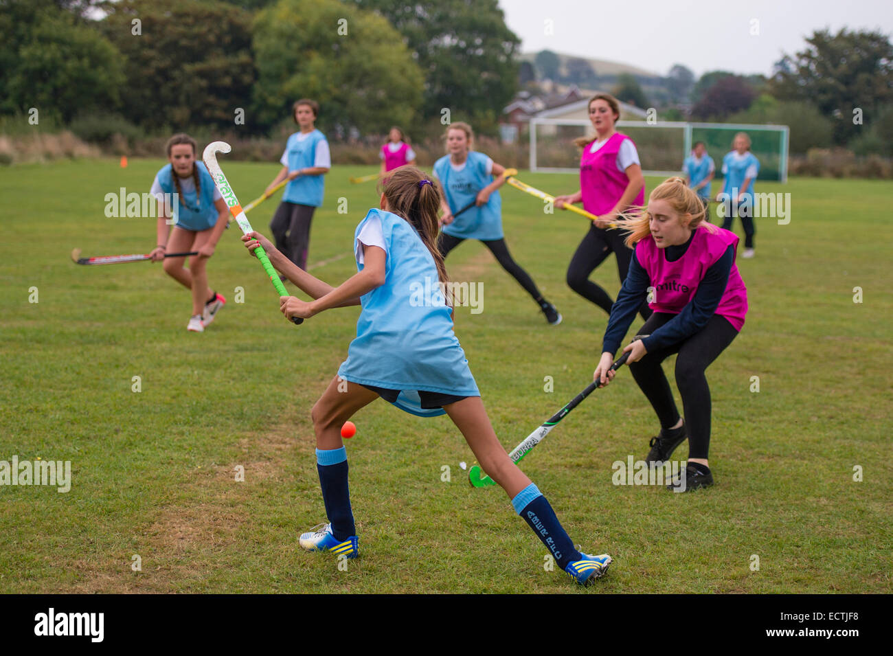 Secondary school PE physical education Wales UK: young 13 14 year old teenage girls playing field hockey outdoors on a school playing field ground pitch Stock Photo