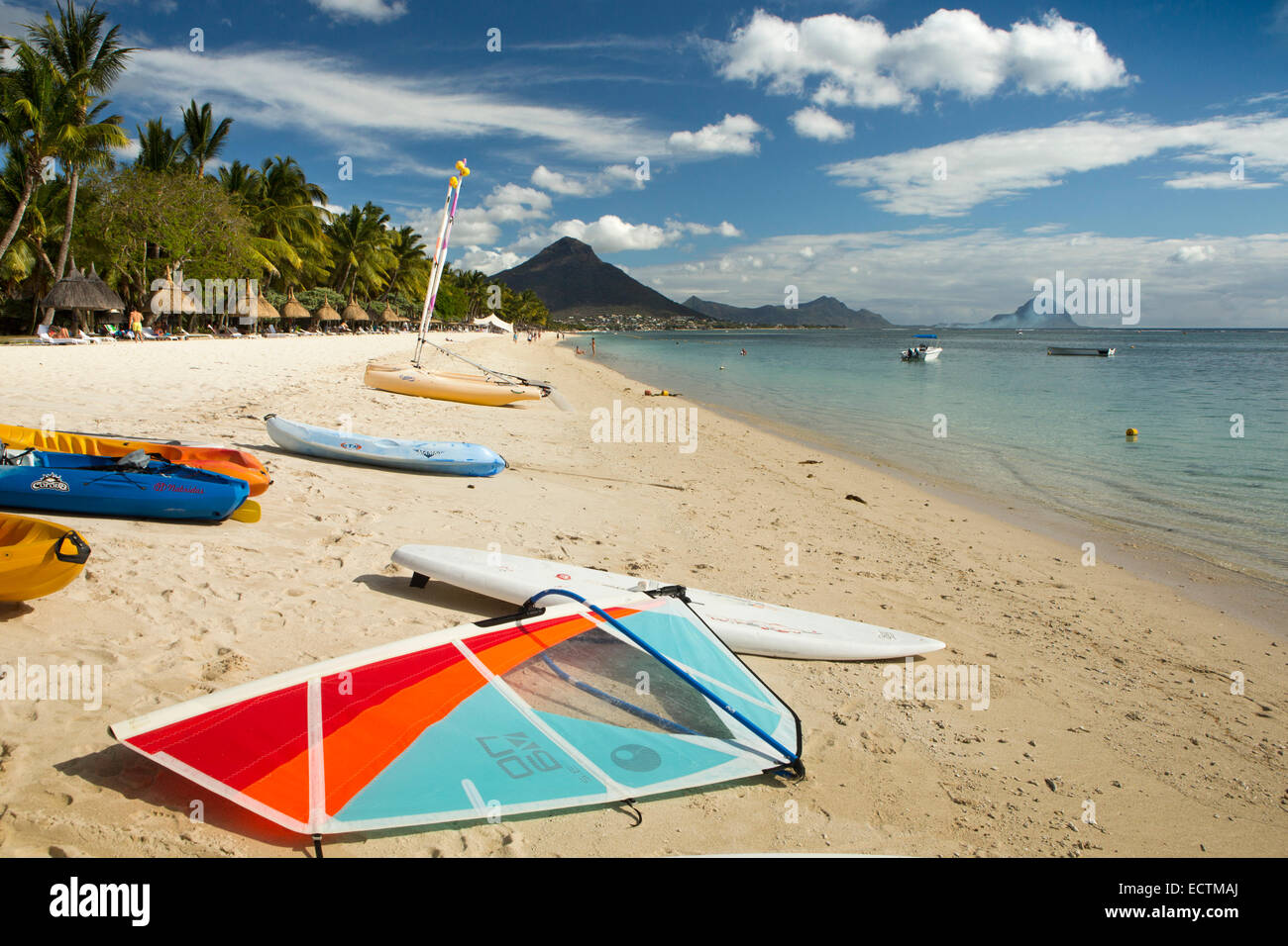 Mauritius, Flic en Flac, windsurfing boards on beach at La Pirogue Hotel Stock Photo