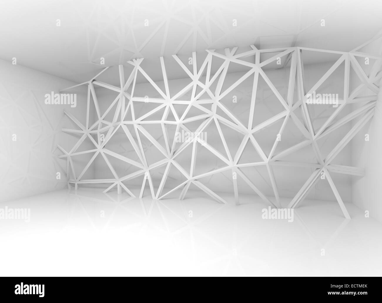 Abstract white room interior with chaotic 3d wire frame construction over the wall Stock Photo