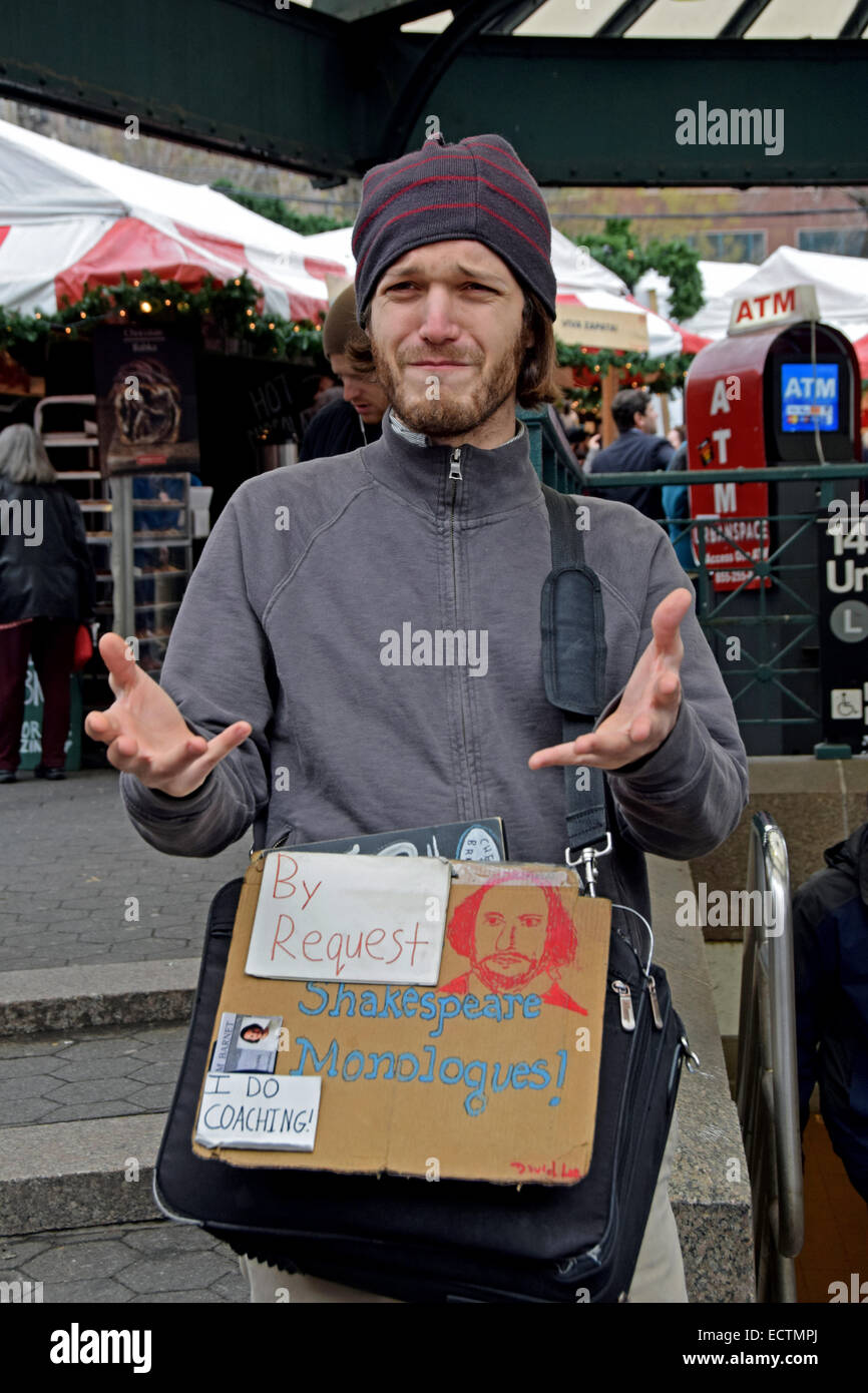 An actor and street busker soliciting money for reciting Shakespeare monologues. Union Square Park, New York City Stock Photo