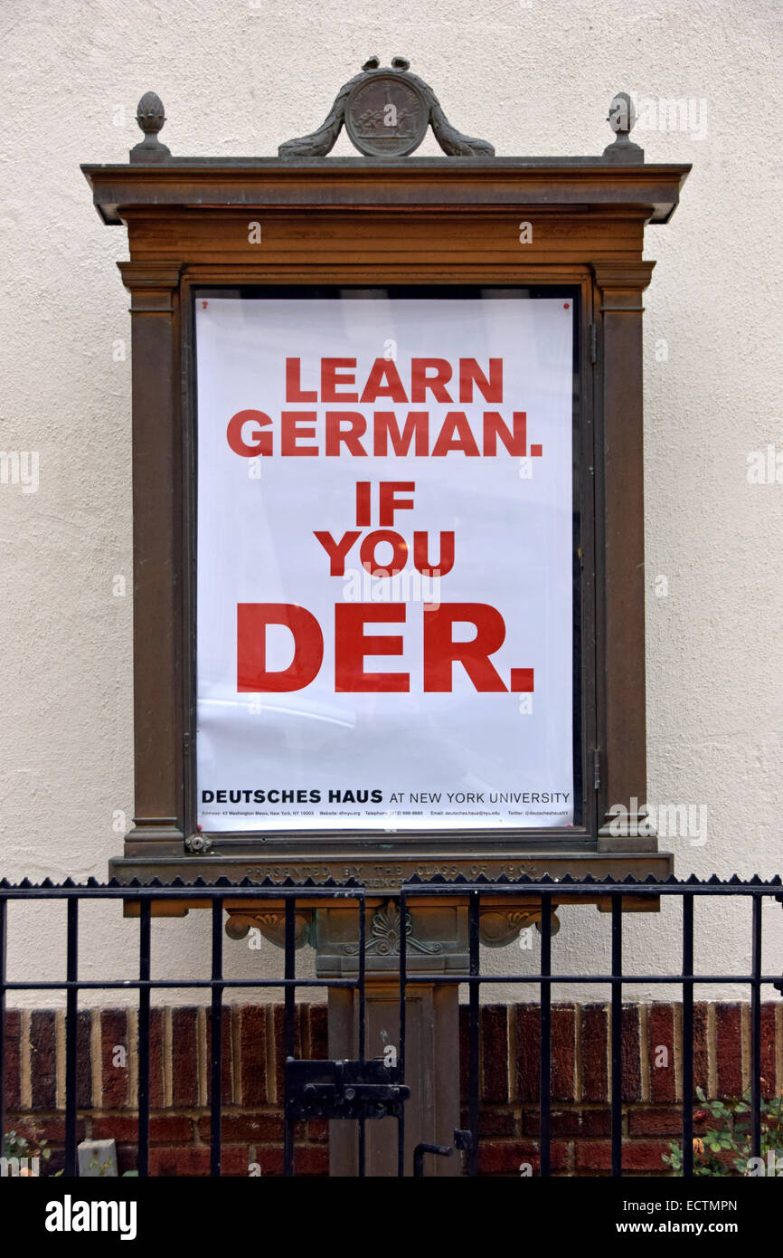 A funny sign promoting German classes at NYU, New York University in Greenwich Village, New York City Stock Photo