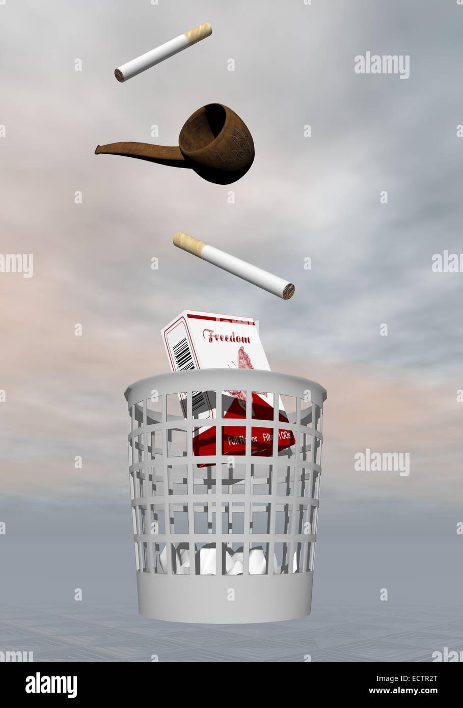 Cigarettes and pipe thrown to the rubbish in grey background Stock Photo