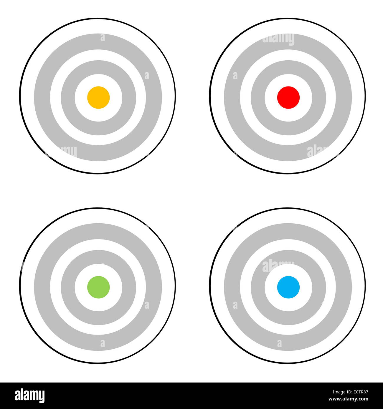 Four grey target with yellow, red, green or blue center in white ...