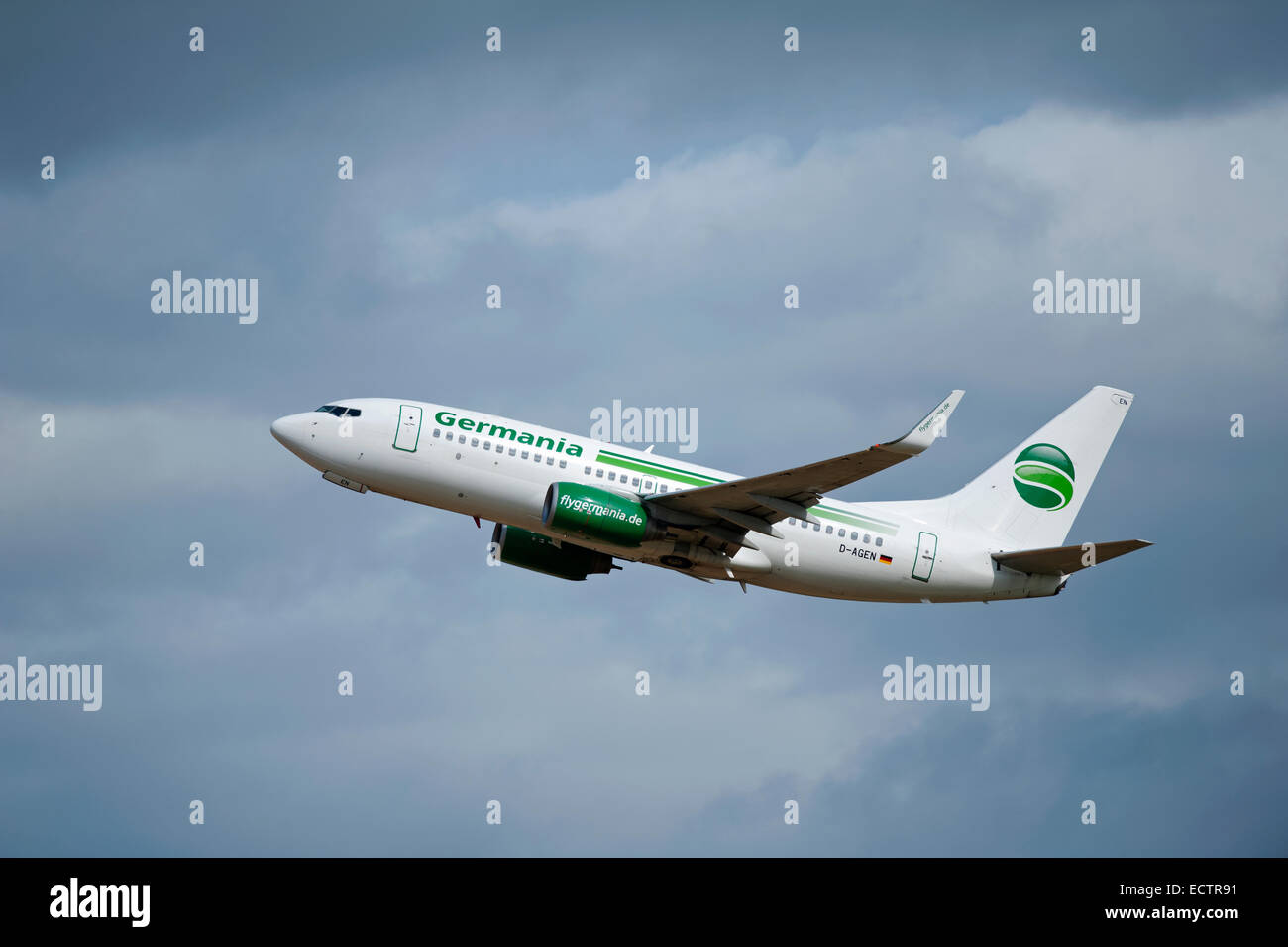 A Boeing 737 flight of Germainia Airlines leaving at Aberdeen from its journey across to Europe.  SCO 9367 Stock Photo