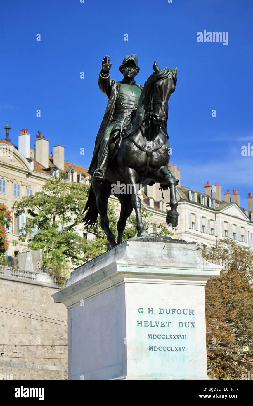 General Dufour statue erected in 1884, national hero, place Neuve, Geneva, Switzerland. Stock Photo