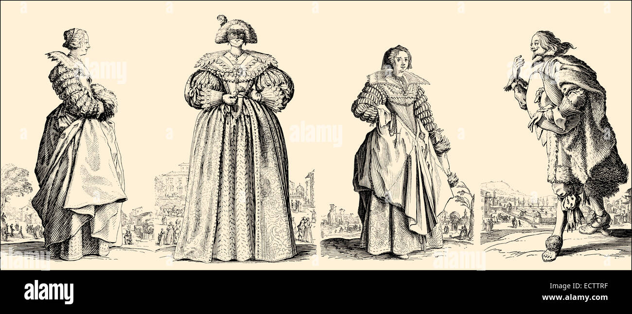 Traditional fashion in 17th century, Lorraine, Europe, Mode aus Lothringen im 17. Jahrhundert Stock Photo