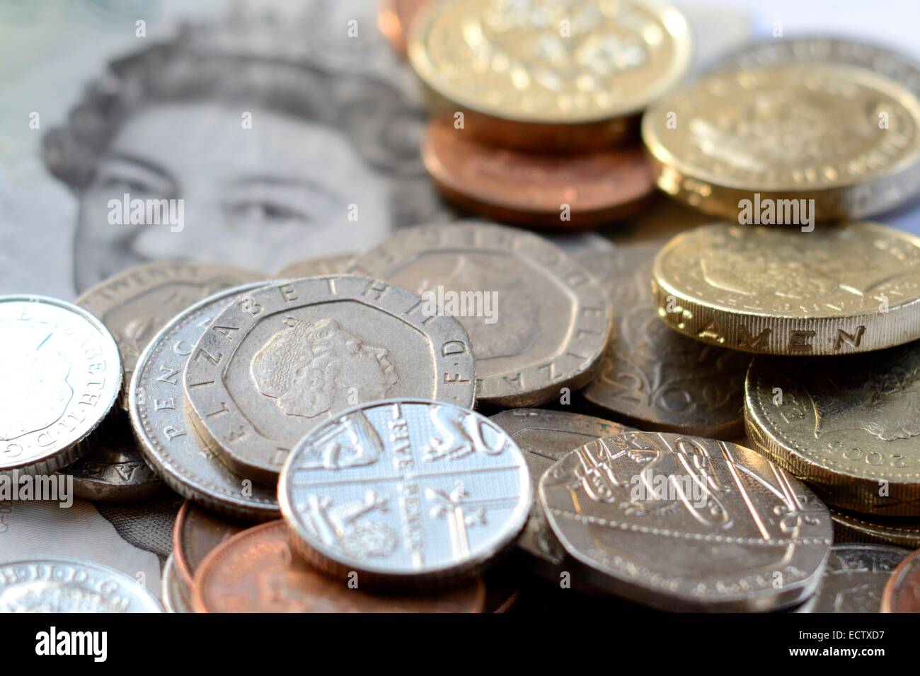 British Sterling money coins and notes Stock Photo
