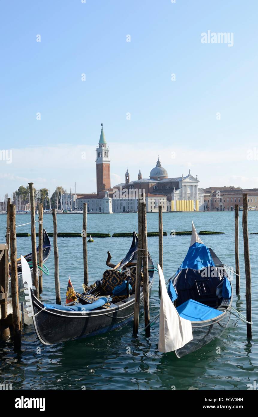 Gondolas in Venice with Lido in background Stock Photo
