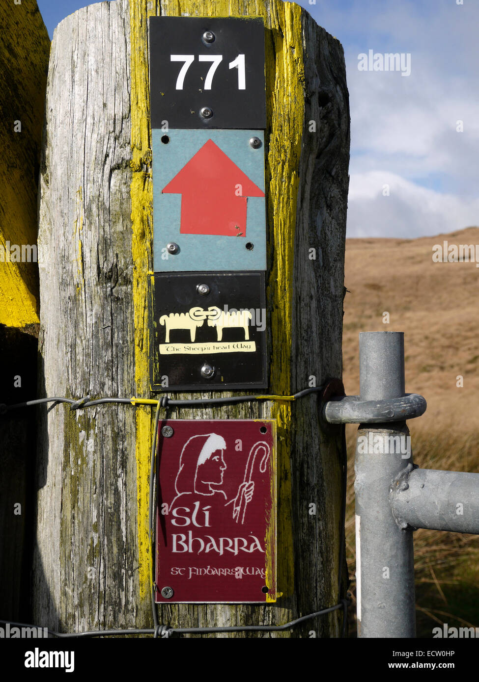 Waymark sign on the Mullaghmesha Loop walk, County Cork, Ireland.  Shows the logos of the Sheep's Head Way and St. Finbarr's Way Stock Photo