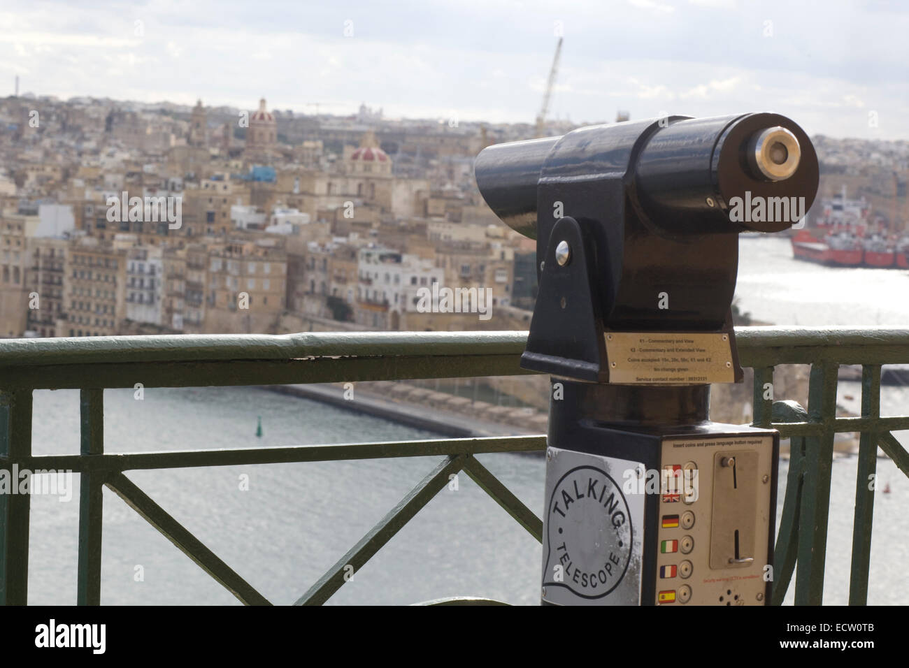 Talking Telescope overlooking Valletta on the Island of Malta Stock