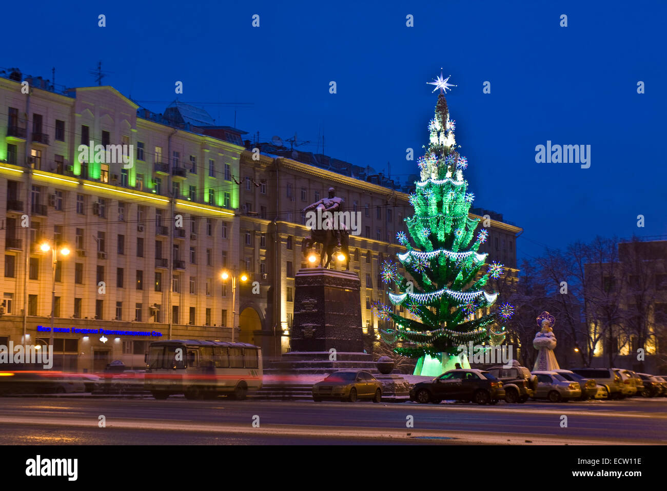 Moscow, Russia - January 09, 2012: Christmas tree and monument to city's founder prince Yuriy Dolgorukiy on Tverskaya street. Stock Photo