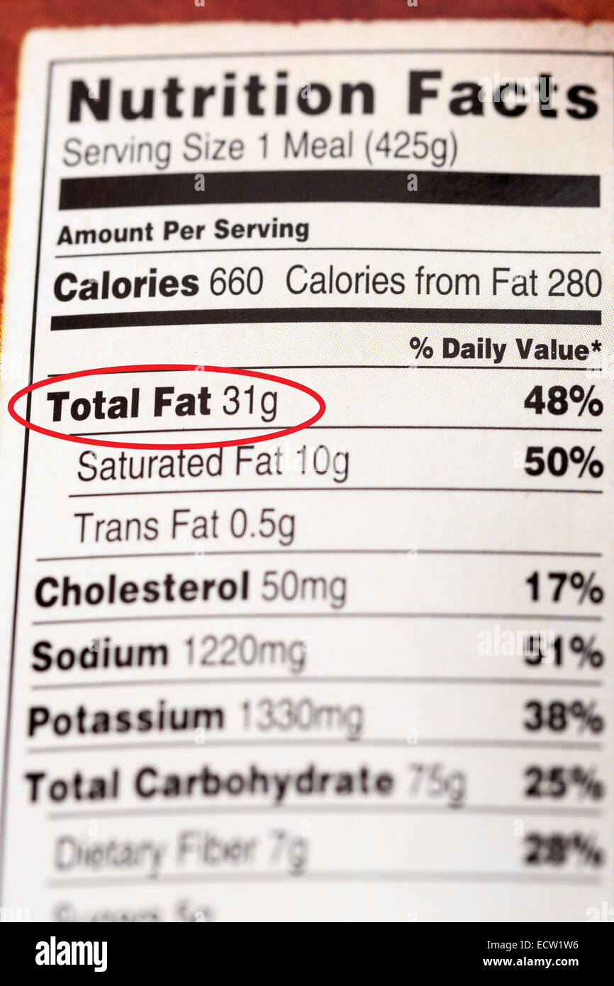 A package from a prepared meal with nutrition information indicating a high fat content Stock Photo