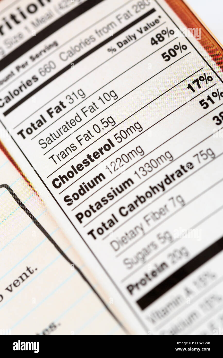 A package from a prepared meal with nutrition information indicating a sodium and cholesterol content Stock Photo