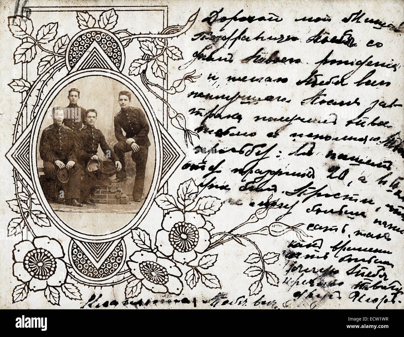 Handwritten letter with a group portrait of friends - Cadets, Russia, circa 1903-1905 Stock Photo