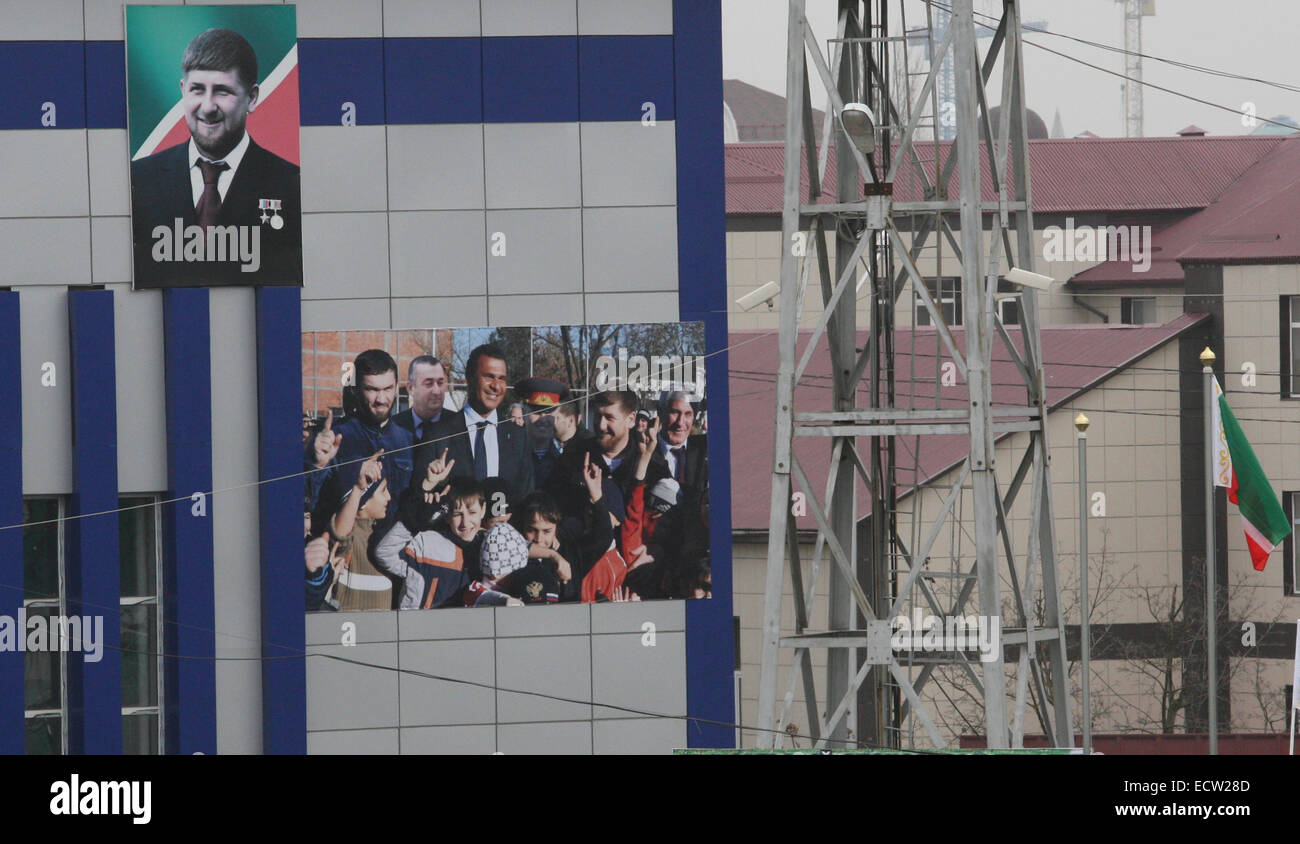 Dutch trainer Ruud Gullit and Chechen president Ramzan Kadyrov on a billboard in the FC Terek football stadium in the Chechen capital Grozny, Russia Stock Photo