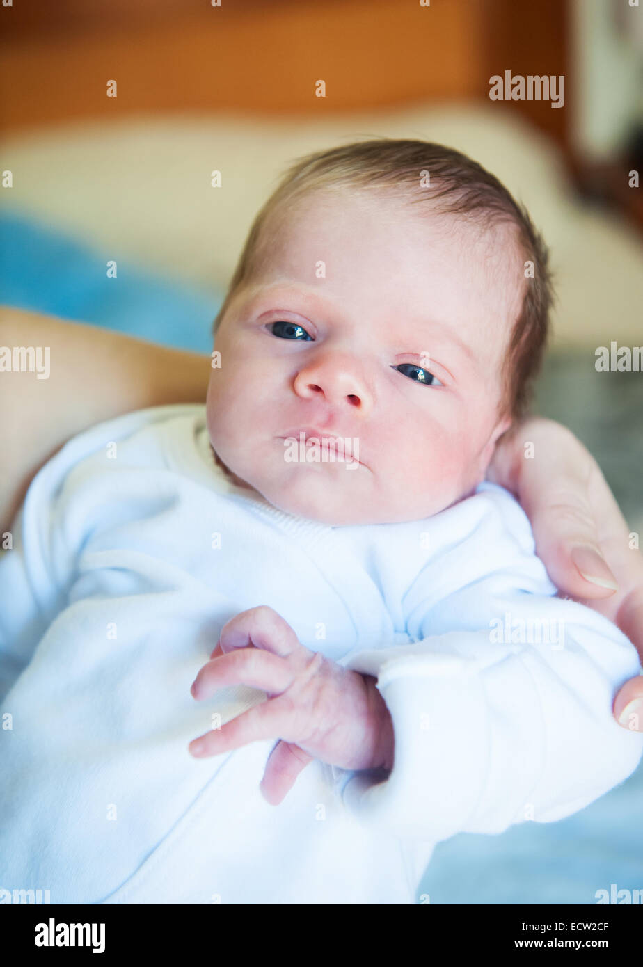 Photo Newborn baby boy with open eyes Stock Photo
