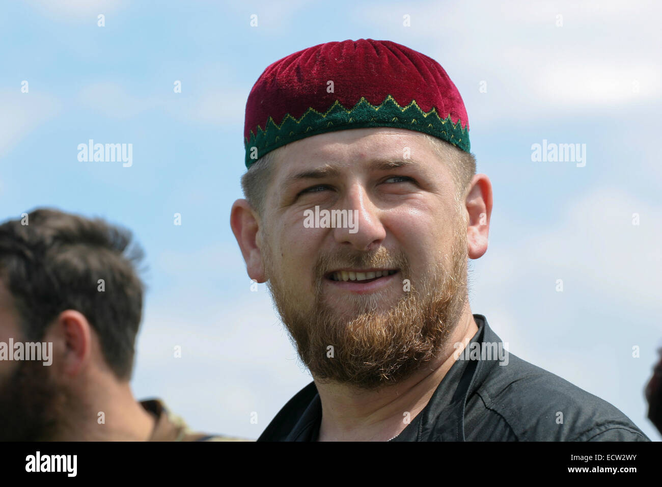 Chechen leader Ramzan Kadyrov, the later president, at the entrance to the village of Tsentoroi, Chechnya, Russia. Stock Photo