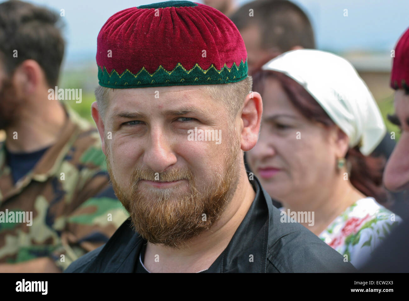 Chechen leader Ramzan Kadyrov, the later president, at the entrance to the village of Tsentoroi, Chechnya, Russia. Stock Photo