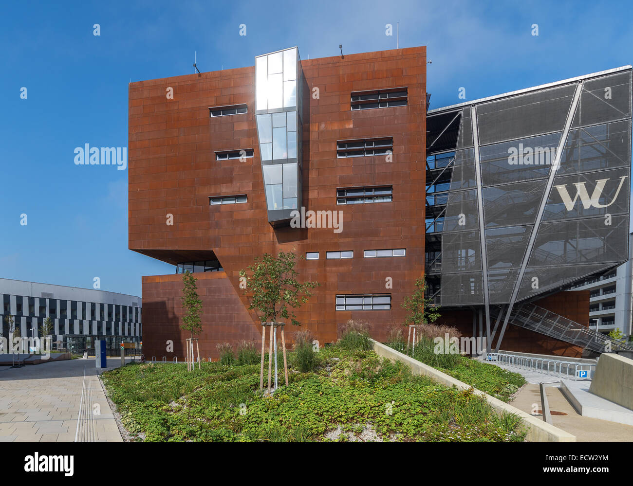he TC/D1 Teaching Center at the Vienna University of Economics and Business with its weathered steel. Stock Photo