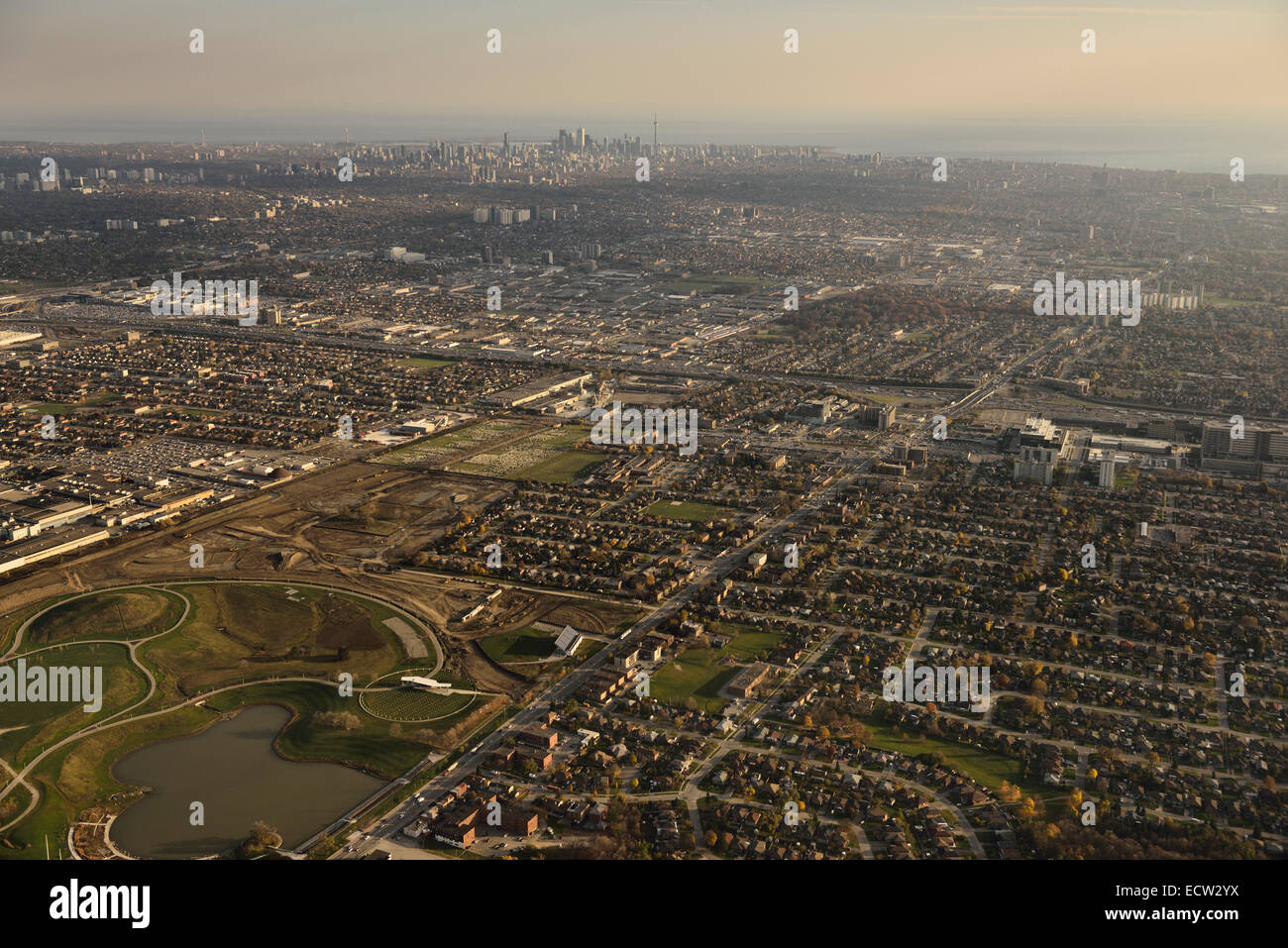Aerial view of Downsview Park in North York with Toronto city skyline of highrise towers on Lake Ontario Canada Stock Photo