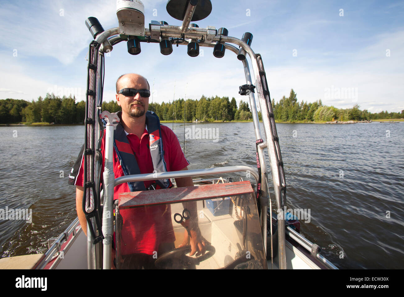 motorboat for fishing, rautavesi lake, vammala village area, finland, europe Stock Photo