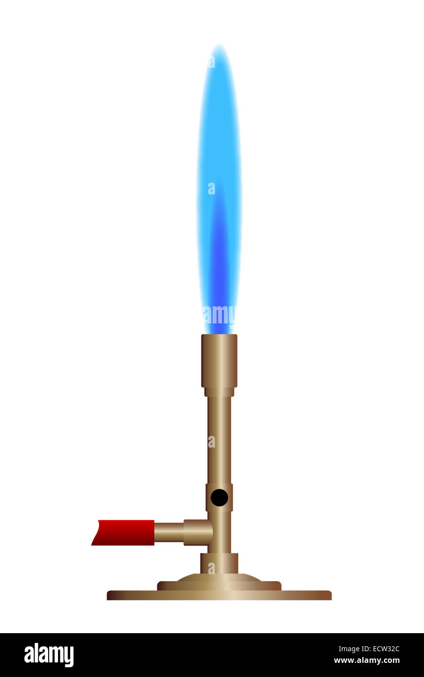 A typical laboratory bunsen burner with blue flame over a white background Stock Photo